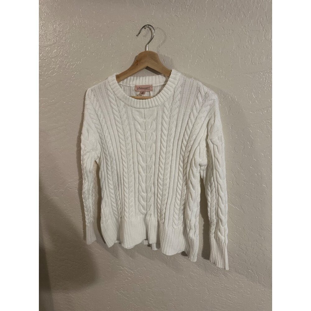 Philosophy Ivory Crewneck Winter Cable Knit Fisherman Sweater - Picture 2 of 8